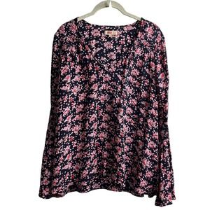 by Timo Black Pink Floral Boho Bell Sleeves Long Sleeve V Neck Blouse Small